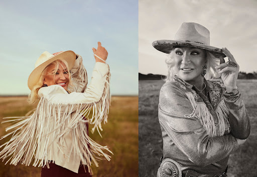 Split image of a blonde woman in a cowboy hat and fringed jacket in a grassy field with a blue sky, one side in color and the other in black and white.