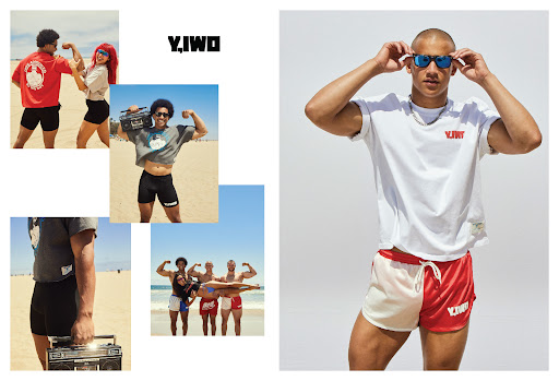 Group of models on a beach showcasing matching athleisure wear; various poses and camera angles; bright sunny day; brand advertising.