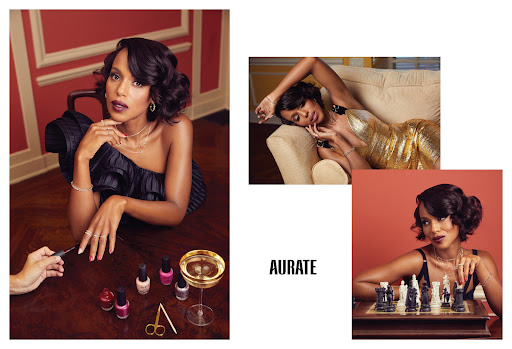 Collage of Kerry Washington in beauty and fashion poses: applying nail polish, reclining on a couch, and playing chess, jewelry focus.