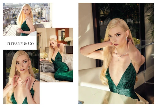 Anya Taylor-Joy poses in a collage of medium shots wearing a green dress and diamond jewelry from Tiffany & Co. in a luxurious setting.