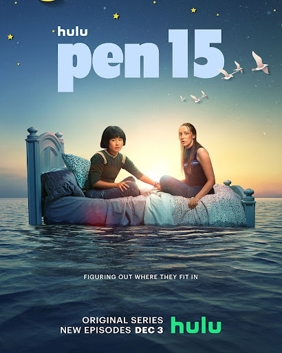 Poster art for Hulu's Pen15 features two young women seated on a bed in water, night sky backdrop, promoting new episodes Dec 3.