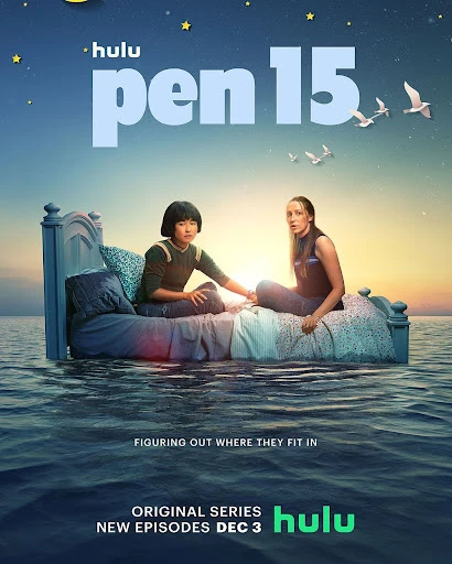 Poster art for Hulu's Pen15 features two young women seated on a bed in water, night sky backdrop, promoting new episodes Dec 3.