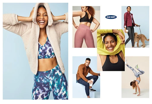 A collage of models wearing athletic wear, including sports bras, leggings, and jackets, against a light blue studio background.