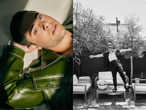 Dual portrait of a young adult male: one in a green leather jacket, one outdoors in sunglasses and a black shirt and pants.