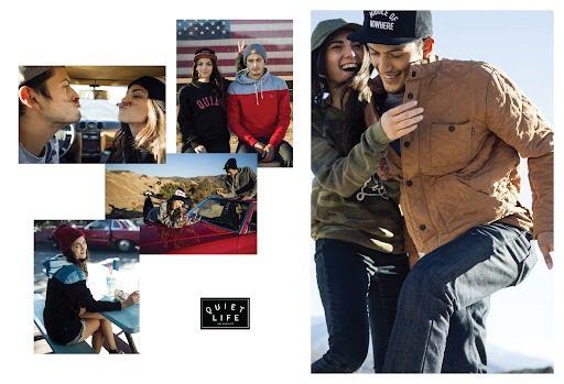 Collage of youthful couples wearing casual apparel, posing outdoors in several scenes with cars, mountains, and US flag backdrop.
