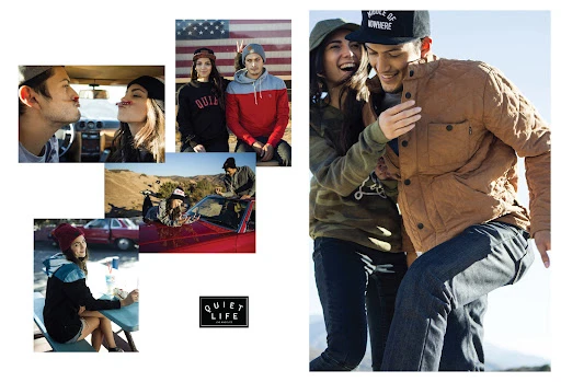 Collage of youthful couples wearing casual apparel, posing outdoors in several scenes with cars, mountains, and US flag backdrop.