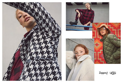 Collage of four fashion images with women wearing patterned coats, jackets, hats, and boots, showcasing diverse styles and textures.