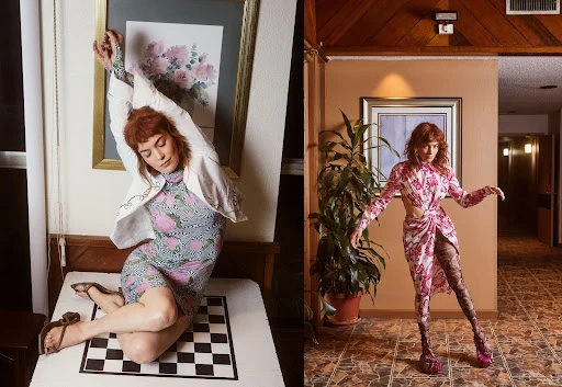 Split-screen fashion shot of a woman in two distinct outfits, one kneeling on a chessboard, the other standing in a hallway.