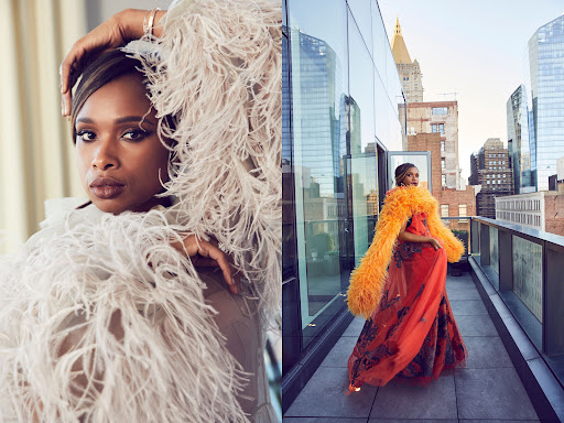 Collage of Jennifer Hudson, in a feathered jacket portrait and a full-length image on a rooftop with city buildings.