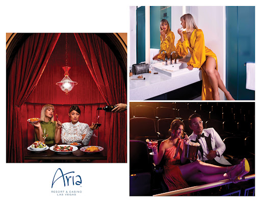 Aria Resort & Casino promo image featuring a woman applying makeup, two women eating food, and a couple watching a movie.