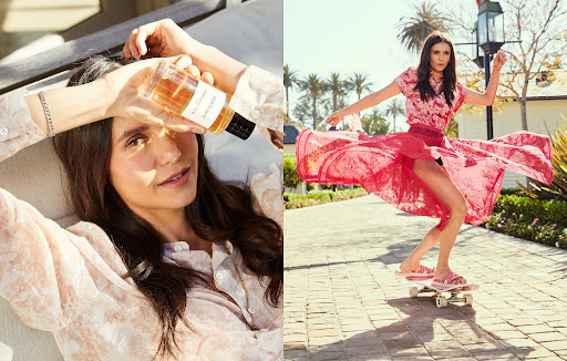 Dual image: woman holding perfume in sunlight, and woman in pink dress skateboarding on a paved path with trees and houses.