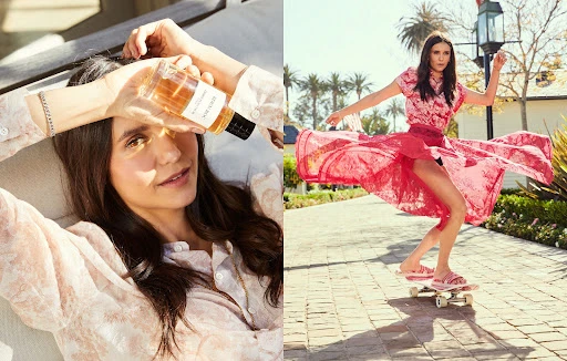 Dual image: woman holding perfume in sunlight, and woman in pink dress skateboarding on a paved path with trees and houses.