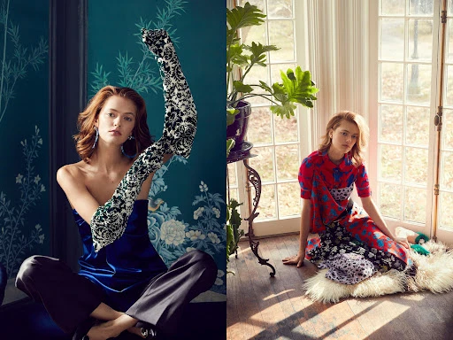 Two-panel shot of a young woman in a blue strapless top and grey pants; red patterned dress sitting near a window with a plant.