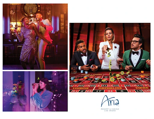 Elegant scenes featuring formally dressed adults socializing in upscale casino and nightlife settings, alongside cityscape views at night.