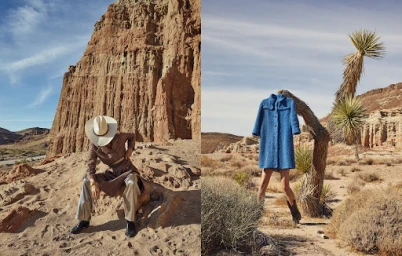 Two side-by-side desert landscape fashion photos featuring a person in a cowboy hat and a blue textured coat draped on a yucca tree.