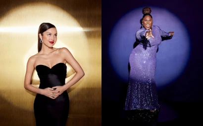 Diptyque composition of two women in evening gowns under spotlight illumination against textured backdrops.