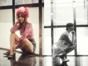 Diptych portrait by Sami Drasin featuring a woman in a pink floral top and furry hat on the left, and a white feathered dress on the right