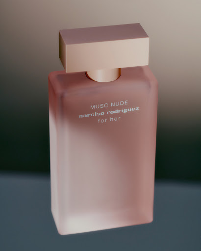 Perfume bottle by Narciso Rodriguez, Musk Nude For Her, featuring a minimalist, geometric design with frosted glass and a rectangular cap.