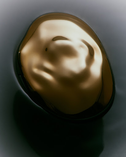 Abstract organic shape in gold tones with a fluid, reflective surface against a dark, blurred background. Studio photography.