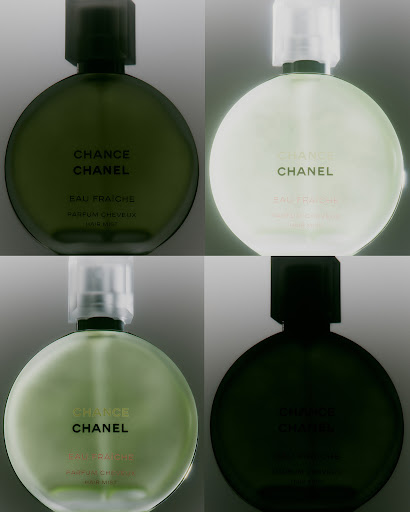 Four Chanel Chance Eau Fraiche perfume bottles with a round shape, displaying a light-green-tinted liquid and clear caps.
