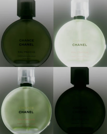 Four Chanel Chance Eau Fraiche perfume bottles with a round shape, displaying a light-green-tinted liquid and clear caps.
