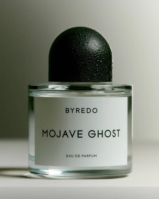 Byredo Mojave Ghost Eau de Parfum bottle with a clear glass container, black cap covered with water droplets, and white label.