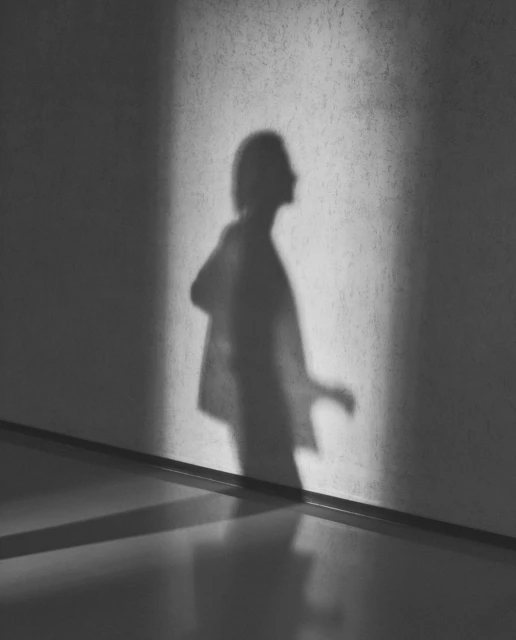 Monochrome image of a human shadow cast on a concrete wall next to a polished floor, creating a minimalist, high-contrast art piece.