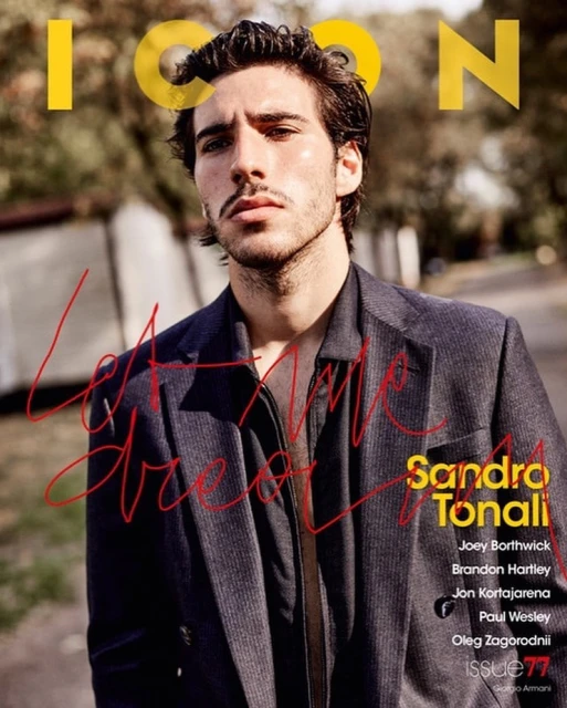 Portrait of Sandro Tonali on the cover of ICON magazine, wearing a dark blazer. He stands outside on a tree-lined street with text overlay.