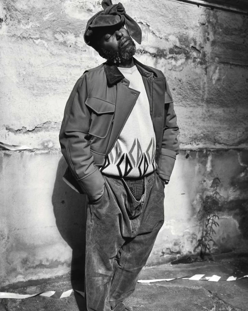 Monochrome portrait of an African American man in jacket and hat, standing against a textured wall, exuding a casual yet stylish vibe.