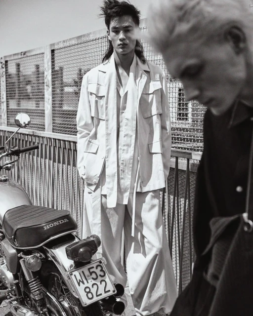 Monochrome outdoor fashion shot of two adult male models, one Asian, wearing casual white outfits next to a vintage Honda motorcycle.
