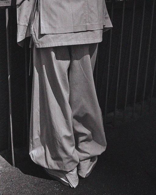 Monochrome fashion detail: lower half of a person in wide-legged pants and jacket, standing against a dark, barred background outdoors.