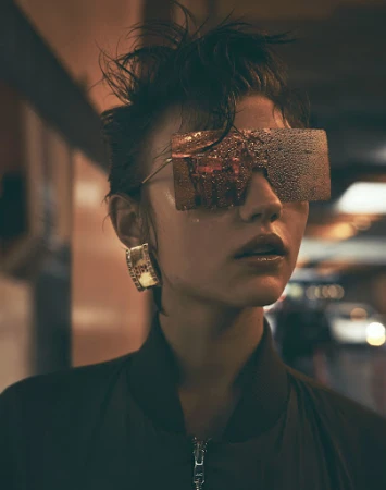 Close-up portrait of a woman wearing oversized reflective sunglasses and a dark zipped jacket, photographed by Stefano Galuzzi.