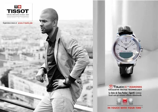Man in casual jacket and white pants poses in a black and white city scene, while a Tissot watch sits in a bright studio setting.
