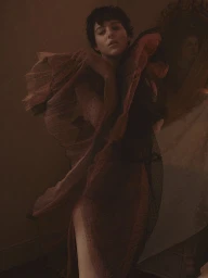 A woman with short dark hair in a ruffled translucent garment posing indoors in low warm lighting.