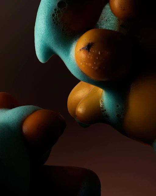 Abstract still life featuring yellow and orange fruits enveloped in textured light blue foam against a dark background. 