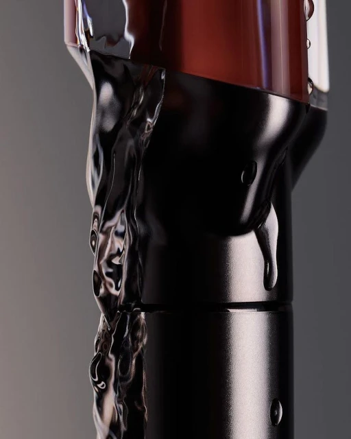 Close-up product shot of a brown and black bottle with transparent liquid running down the side, against a gray background.