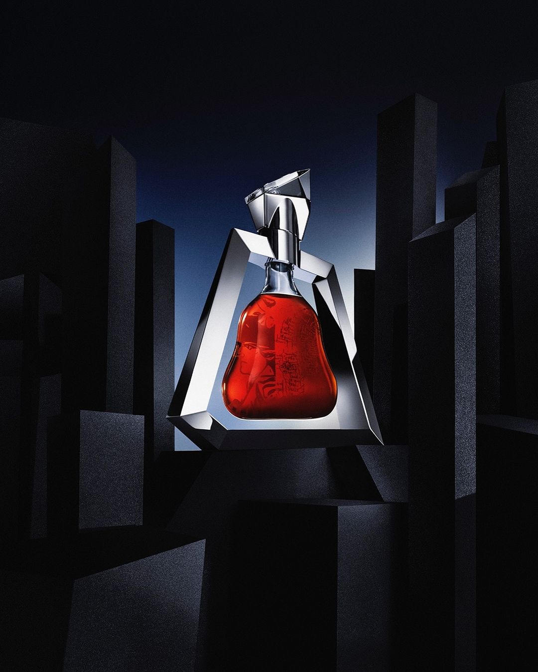 Elegant cognac bottle with silver accents showcased against a dark geometric background, radiating sophistication and premium quality.