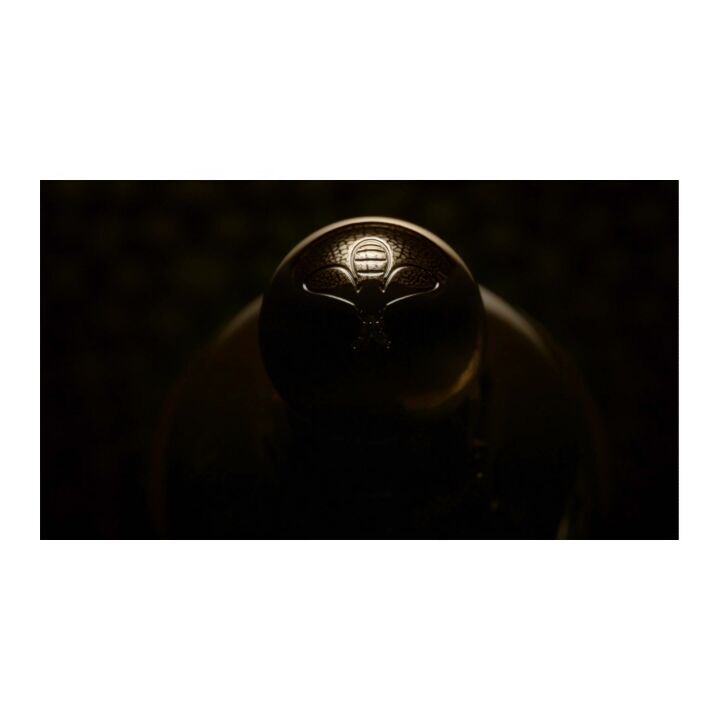 Close-up of a black metal object displaying an emblem against a dark background with soft light highlighting the details.