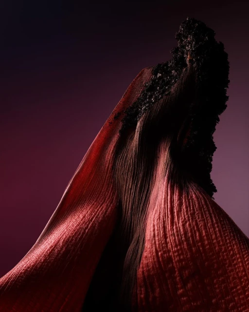 Abstract close-up of a dark red and black textured petal with dramatic lighting on a dark purple backdrop. Moody botanical photography.