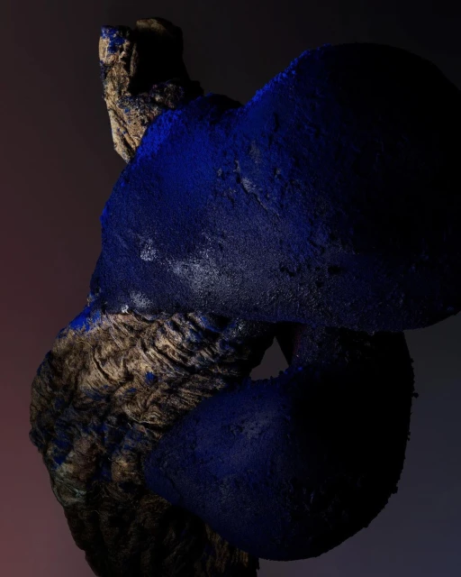 Abstract sculpture in dark studio featuring textured brown base and deep blue organic forms, creating a mysterious and artistic visual.
