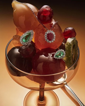 Jewelry displayed on fruit in a glass with a spoon, set against a warm gradient background, showcasing luxury and culinary art.