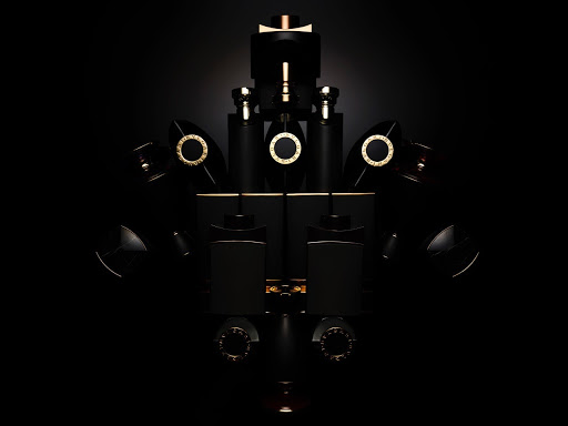 Elegant black and gold perfume bottles and boxes arranged symmetrically on a dark background for a sophisticated beauty product presentation.