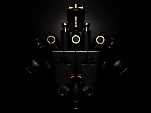 Elegant black and gold perfume bottles and boxes arranged symmetrically on a dark background for a sophisticated beauty product presentation.