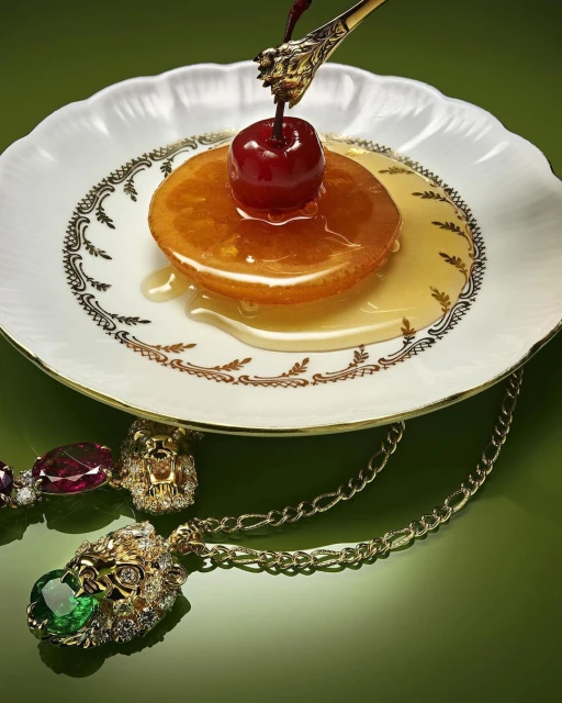 Overhead shot of a glazed fruit dessert with a cherry on a decorative plate, accented by a gold spoon and lion-themed necklace, on green.