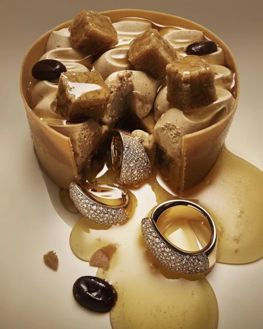Diamond-paved gold jewelry rings and drop earrings displayed in a conceptual food setting with dessert ingredients and sauce.