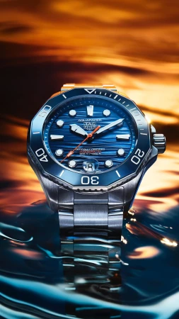 Close-up of a stainless steel TAG Heuer Aquaracer wristwatch with a blue dial, lying on a reflective surface with a warm background.