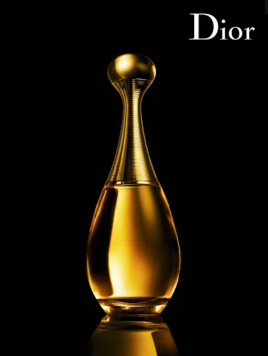 Gold perfume bottle on black background with Dior logo. Luxurious fragrance, elegant design, product shot for beauty and fashion industry.