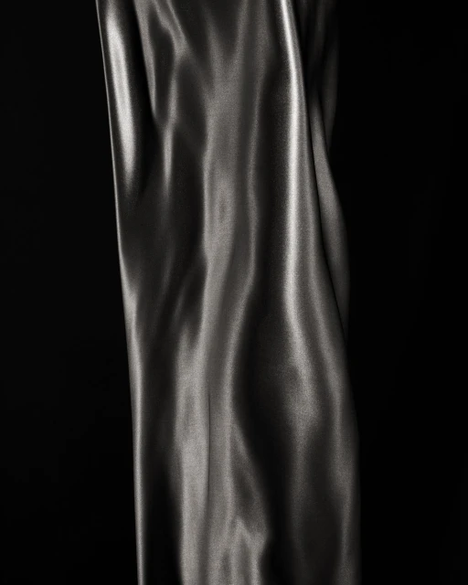 Elegant close-up of flowing, shiny grey fabric against a stark black background, highlighting texture and movement in a studio shot.