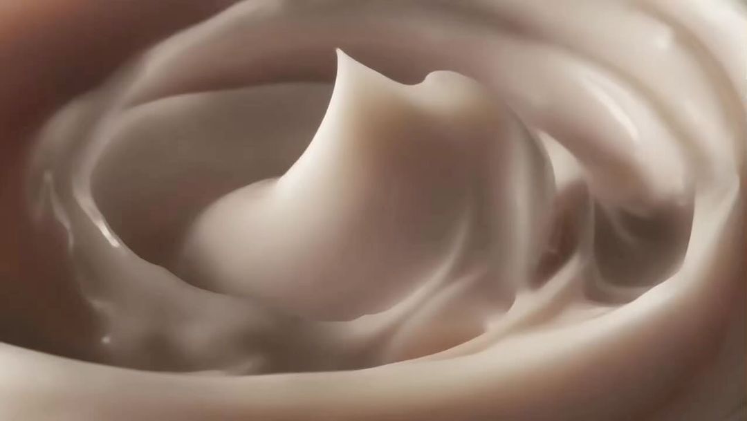 Close-up shot of swirls of beige cream, highlighting its smooth texture and glossy sheen for beauty or food-related use.
