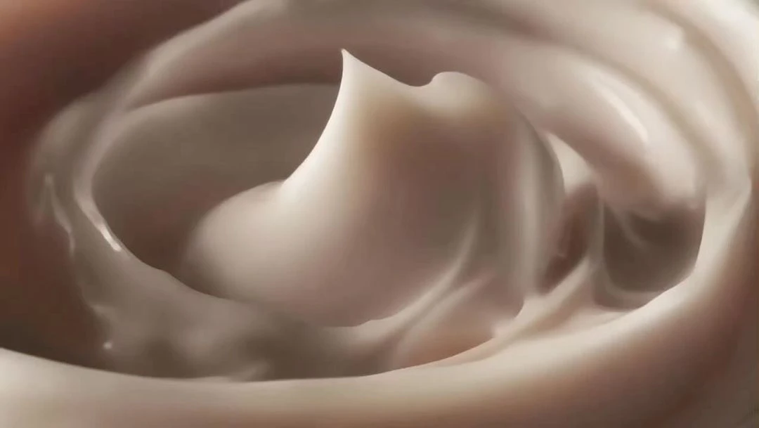 Close-up shot of swirls of beige cream, highlighting its smooth texture and glossy sheen for beauty or food-related use.